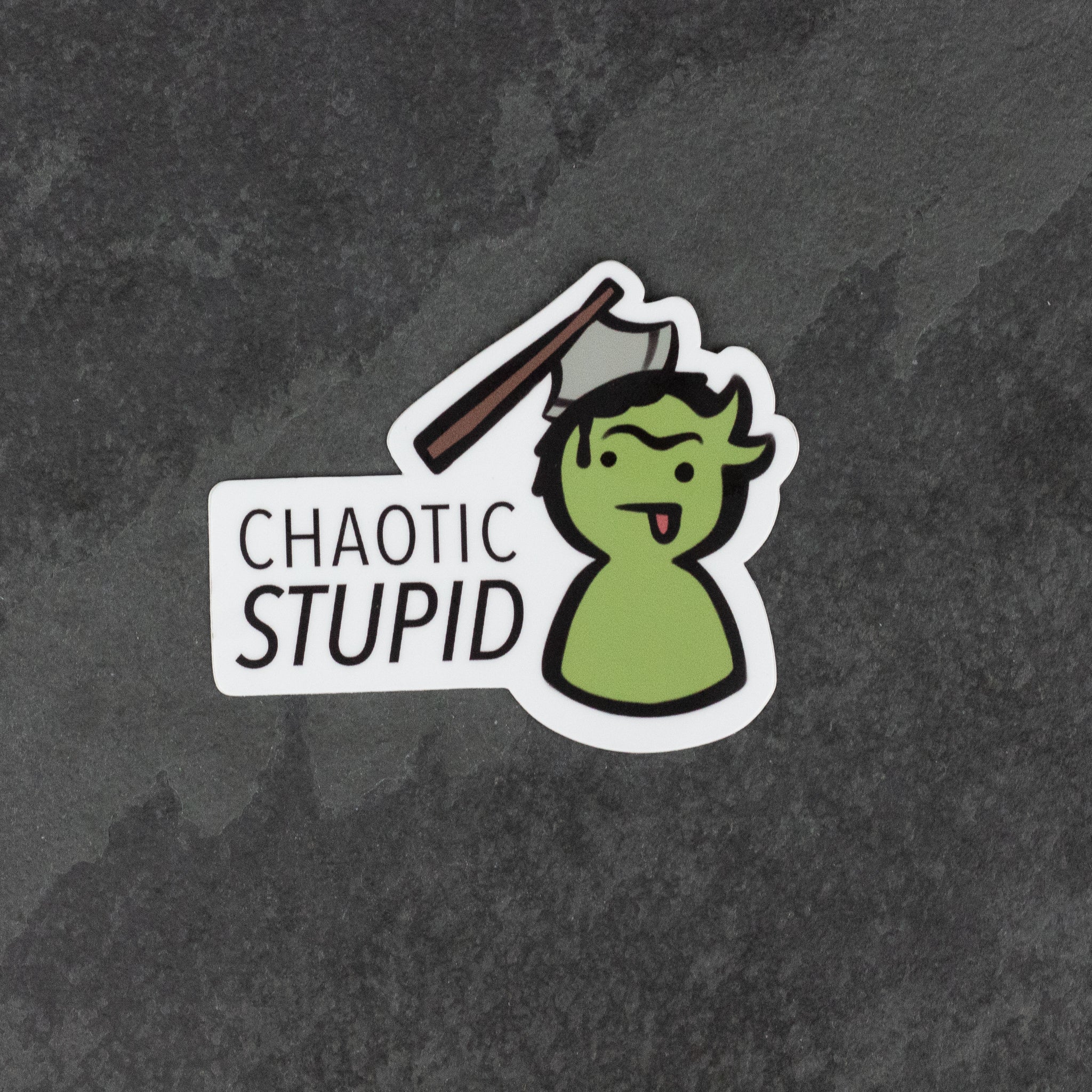 Alignment: Chaotic Stupid DnD Sticker - Green cartoon goblin with a bat and text "Chaotic Stupid" on white die-cut sticker.