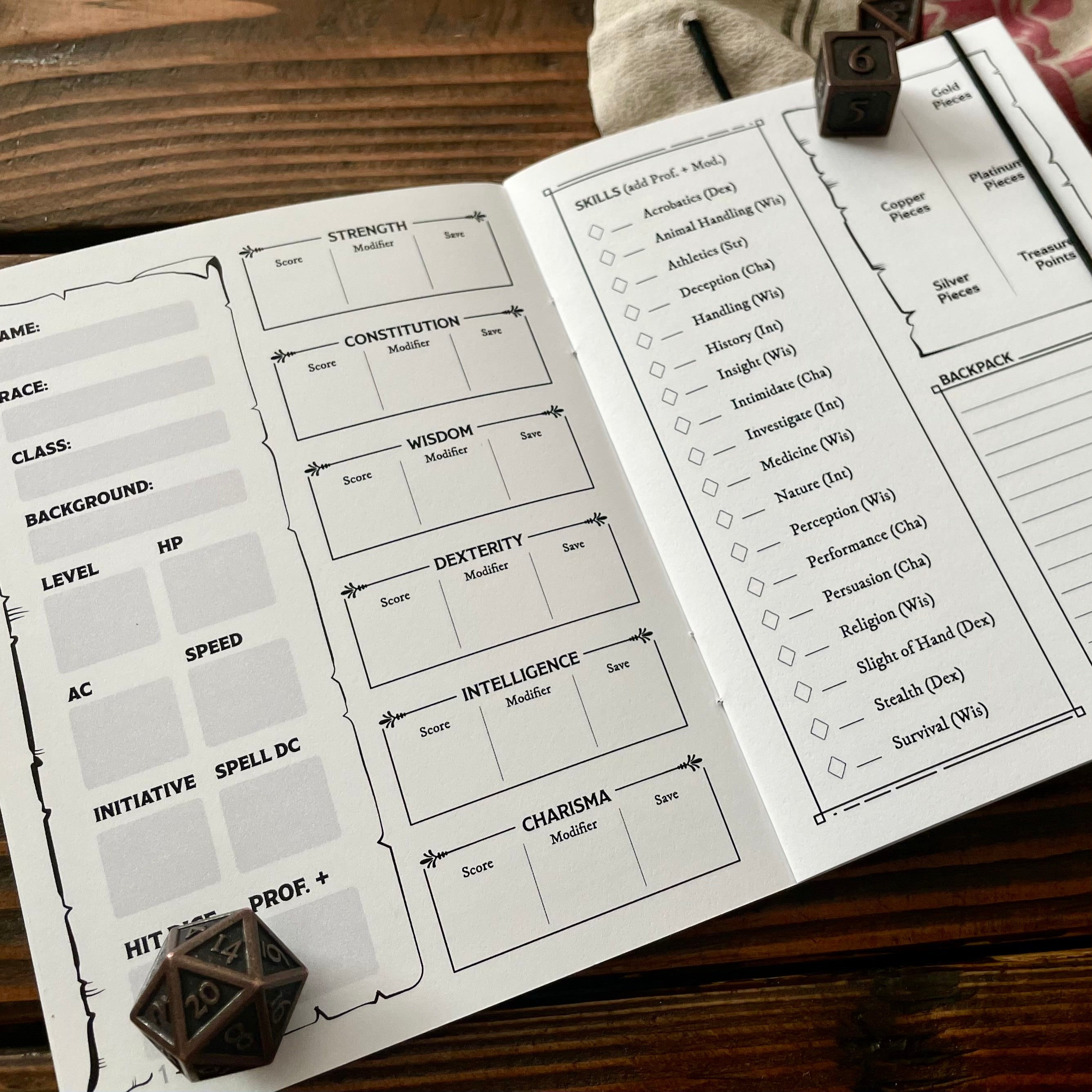 Class Cover 5E Character Journals - Open DnD character journal with black and white layout, featuring labeled boxes for stats, skills, and equipment on thick.