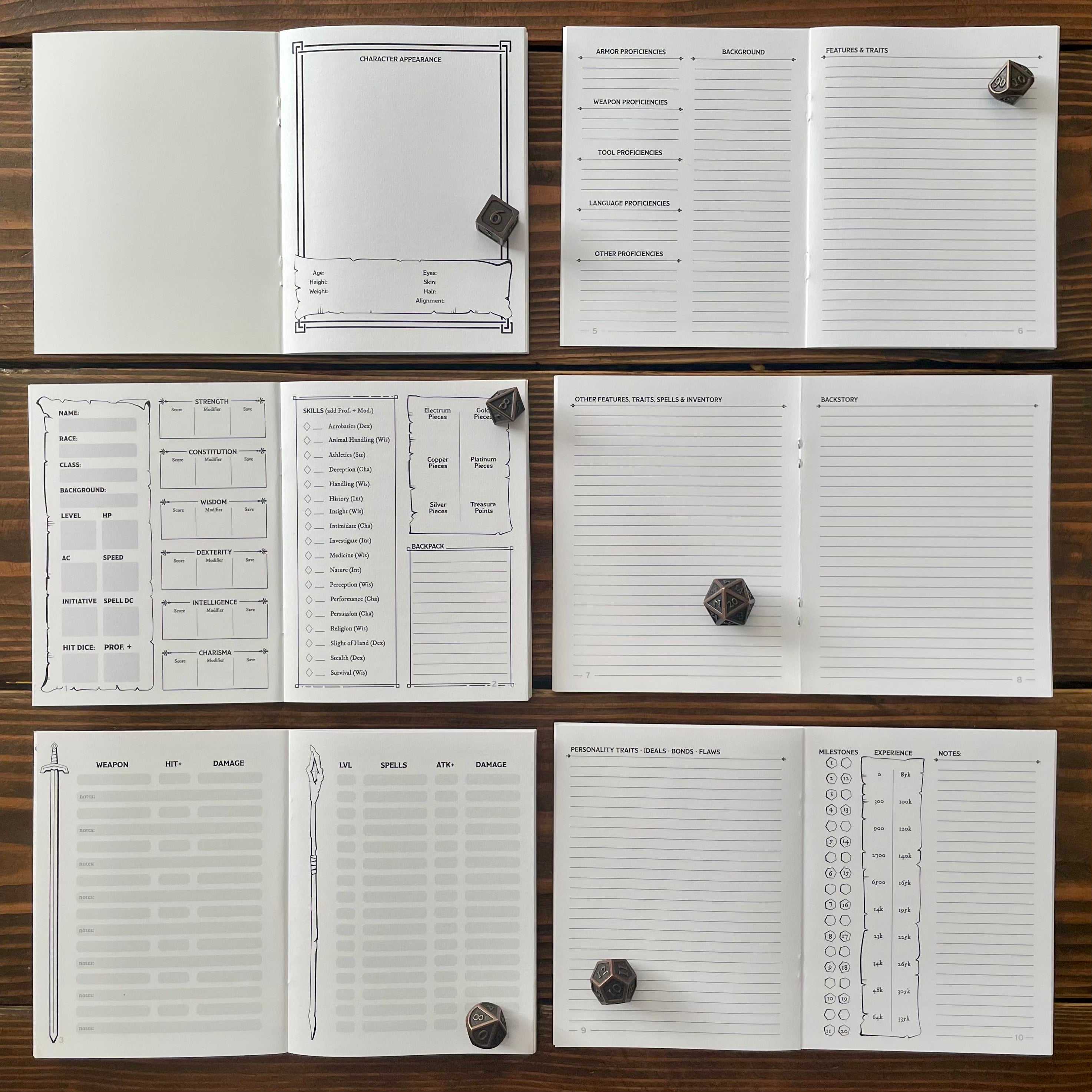 Class Cover 5E Character Journals - Set of six open DnD character journals showing printed templates and lined pages with brown polyhedral dice on wood surface.