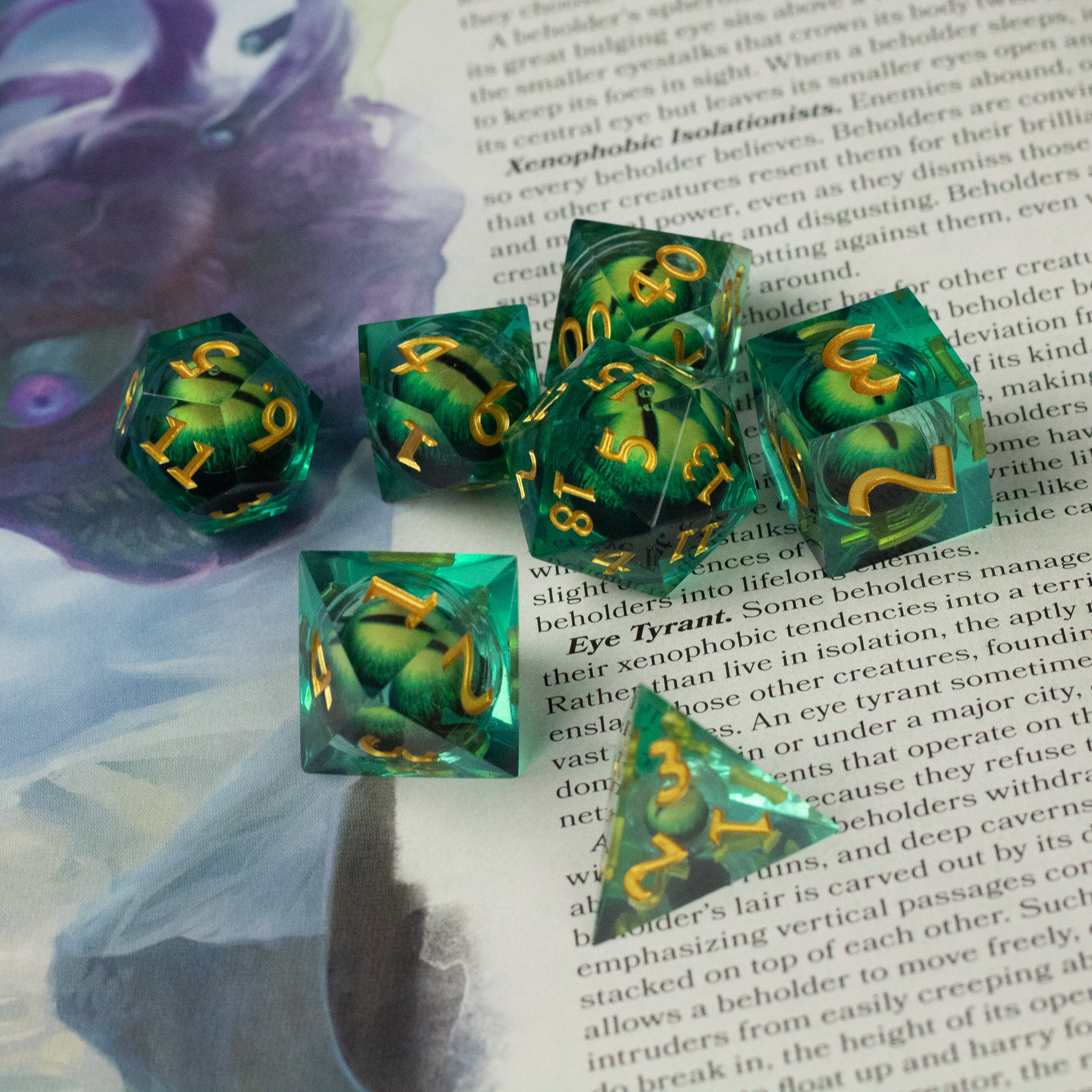 Green Beholder's Eye Dice Set - Green translucent polyhedral dice set with gold numbering and sharp edges, featuring a liquid core effect.