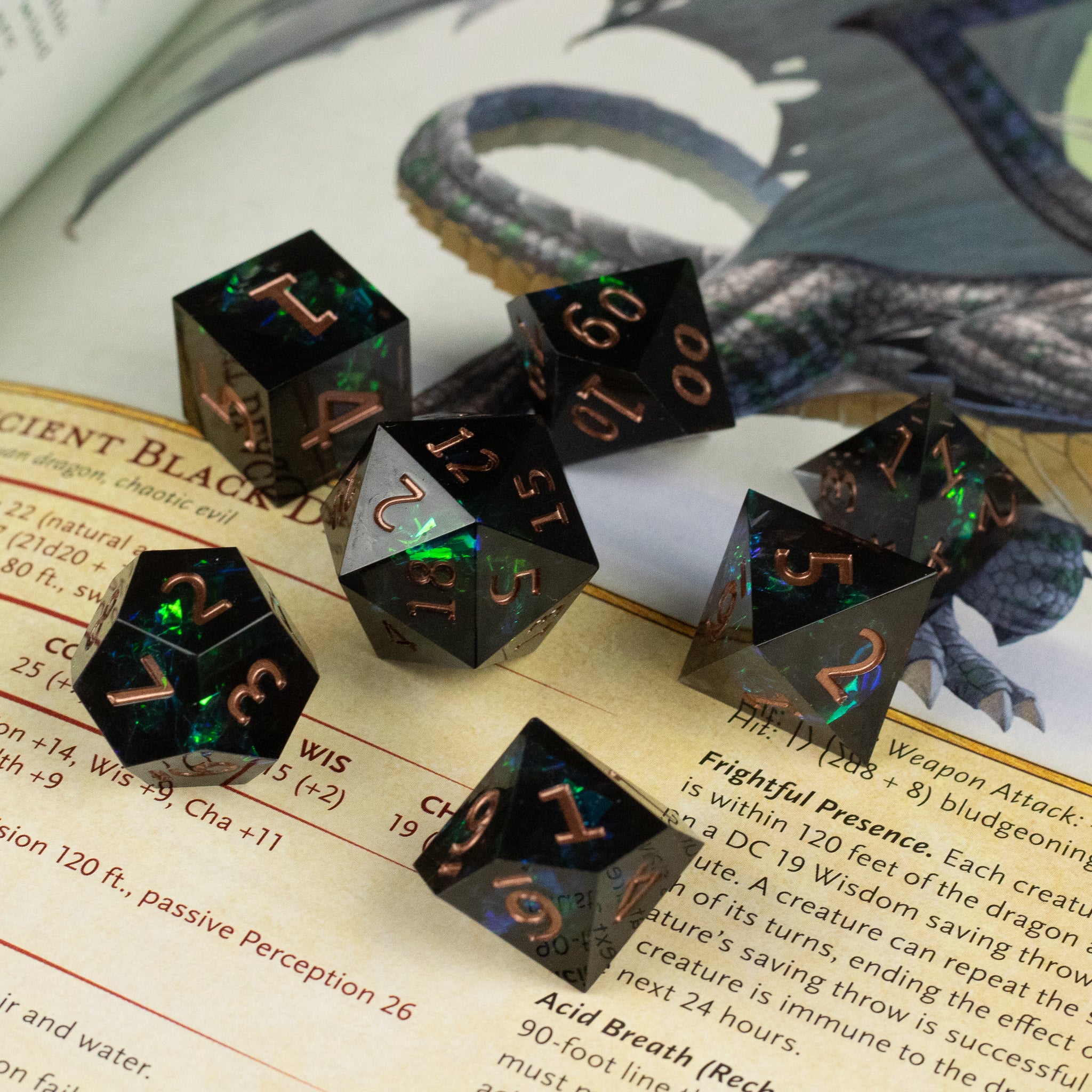 The Underdark Dice Set - Black polyhedral dice set with sharp edges and metallic copper numbers on fantasy map background.