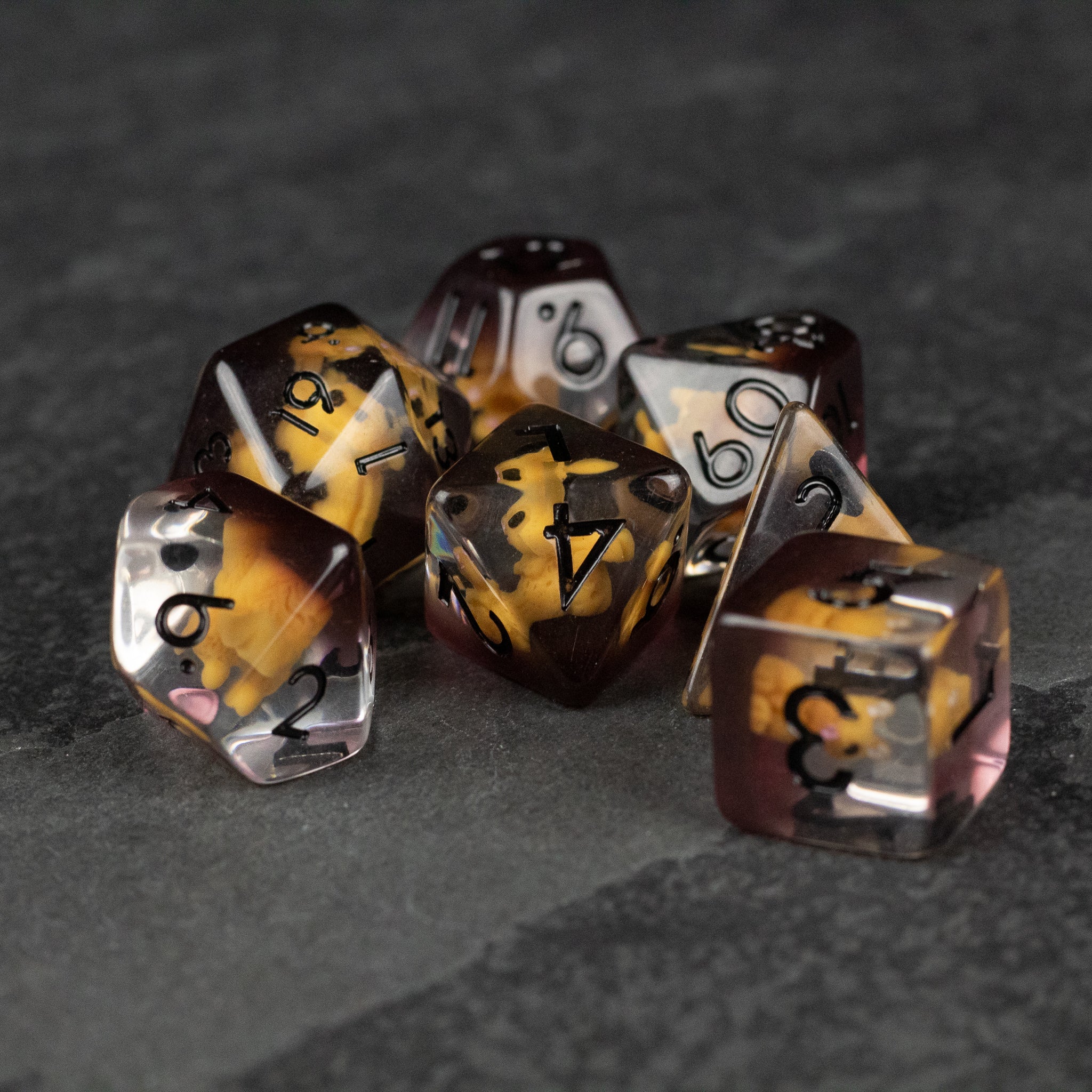 Squirrel Dice Set - Set of six multi-sided dice with squirrel-themed symbols in amber and brown translucent resin.