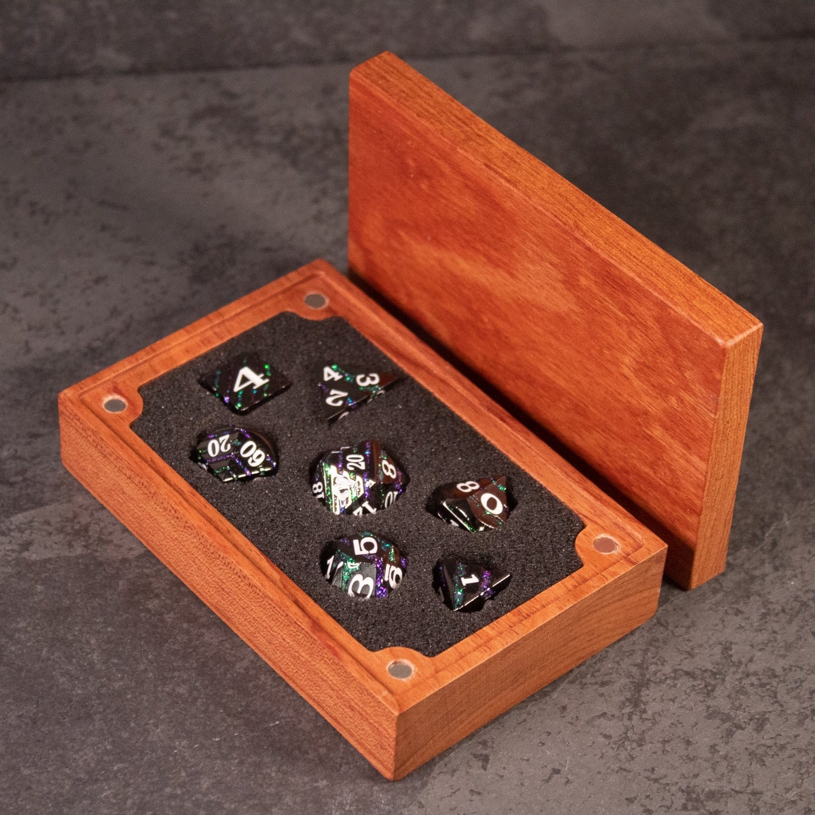 Arcane Leyline Dice Set - Purple & Green - Purple and green metallic polyhedral dice set in wooden box with foam insert.