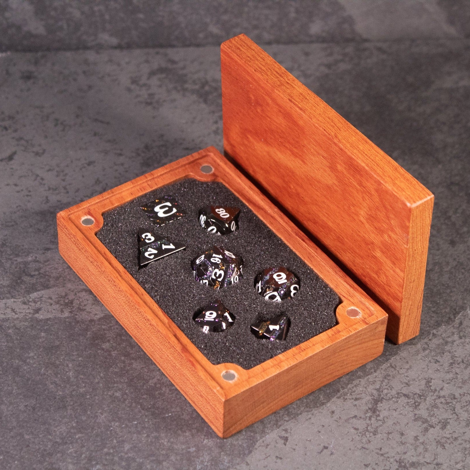 Arcane Leyline Dice Set - Orange & Pink - Metallic orange and pink seven-piece polyhedral dice set in a wooden box with foam insert.