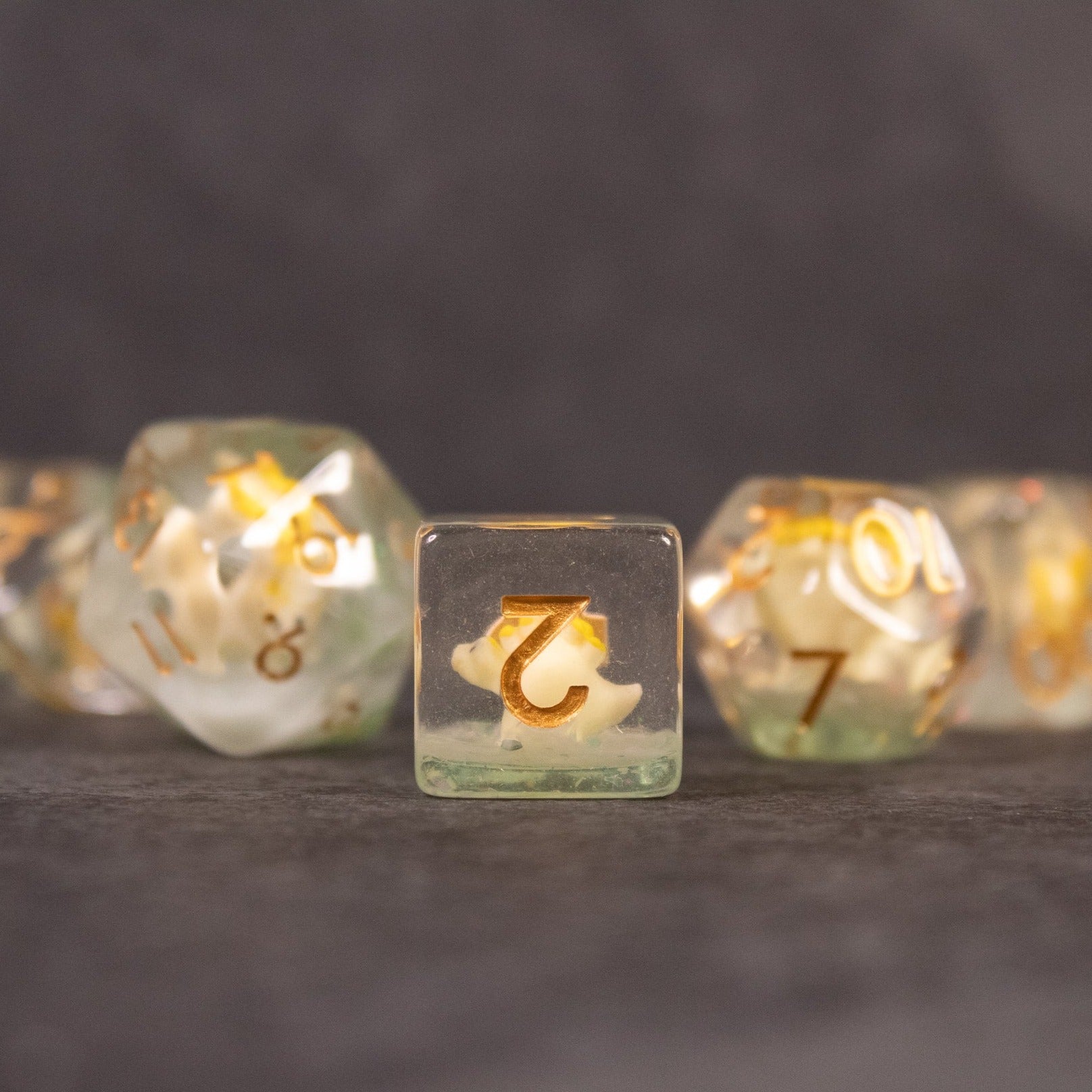 Yellow Stegosaurus Dice Set - Transparent dice set with embedded yellow stegosaurus figures and gold numbering on each die.