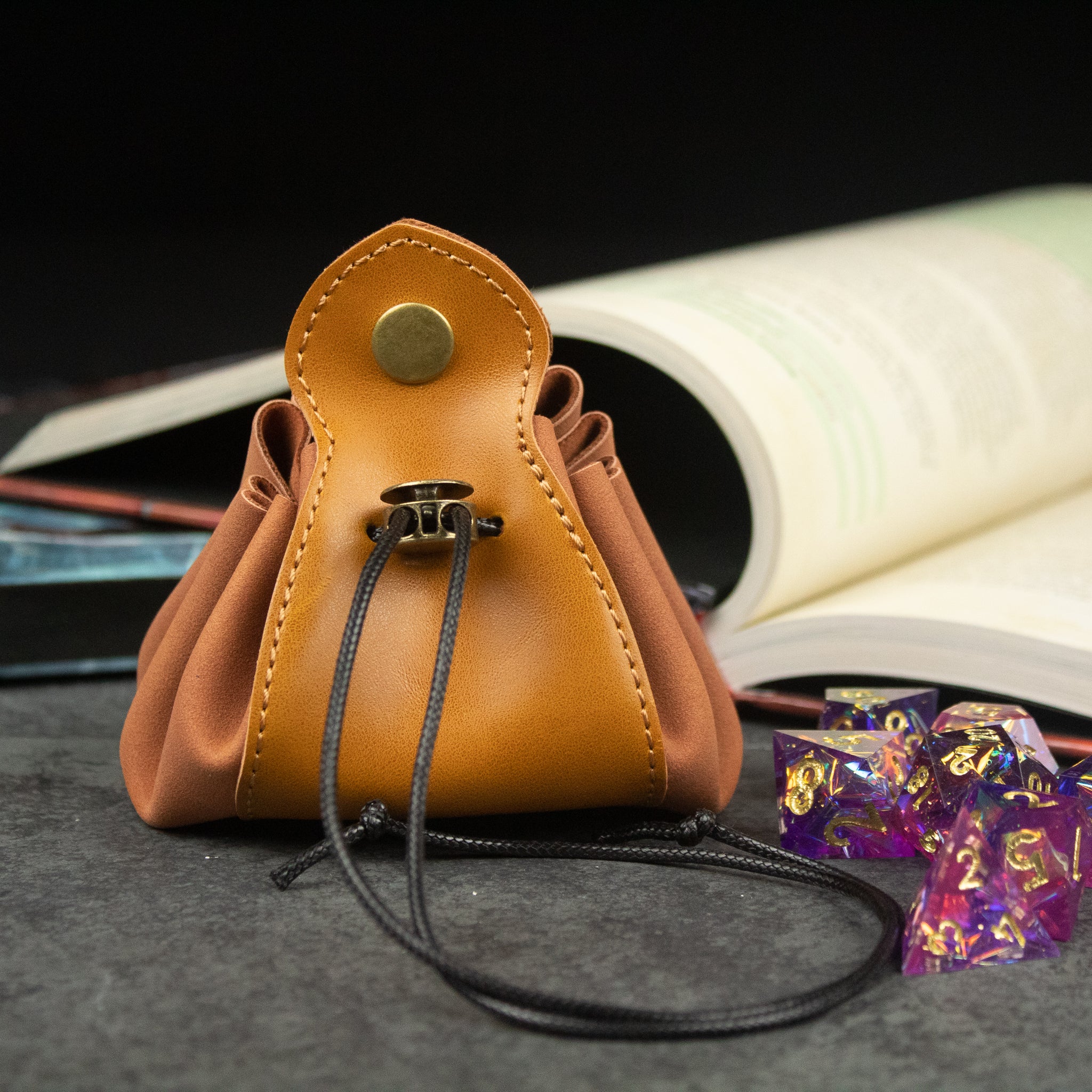 Faux Leather Dice Pouch - Brown and tan faux leather dice pouch with brass snap and black drawstring closure.