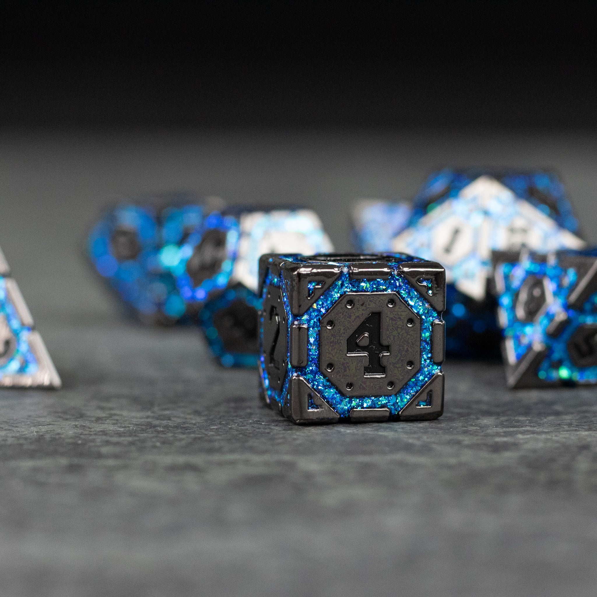 Blue Arcane Ward - Black metal d20 dice with blue arcane-style glowing numbers and geometric detailing.