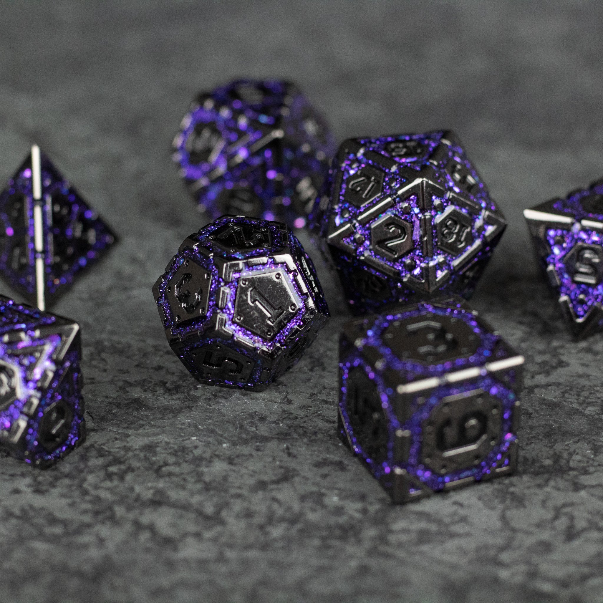 Purple Arcane Ward Dice Set - Set of seven metal polyhedral dice in black with intricate glowing purple arcane designs, suitable for tabletop role-playing