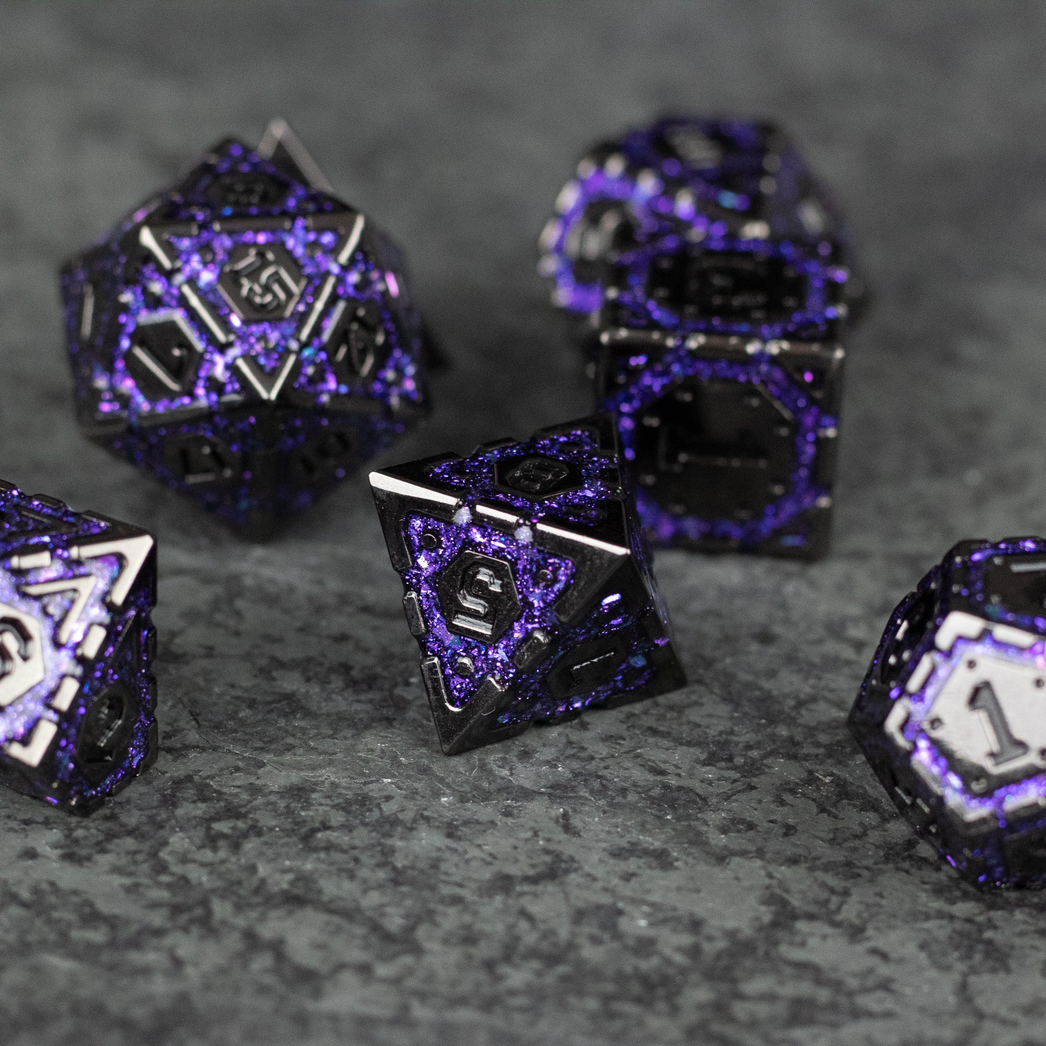 Purple Arcane Ward Dice Set - Set of metallic polyhedral dice in glossy black with intricate purple arcane designs and white numbering, including d20,.