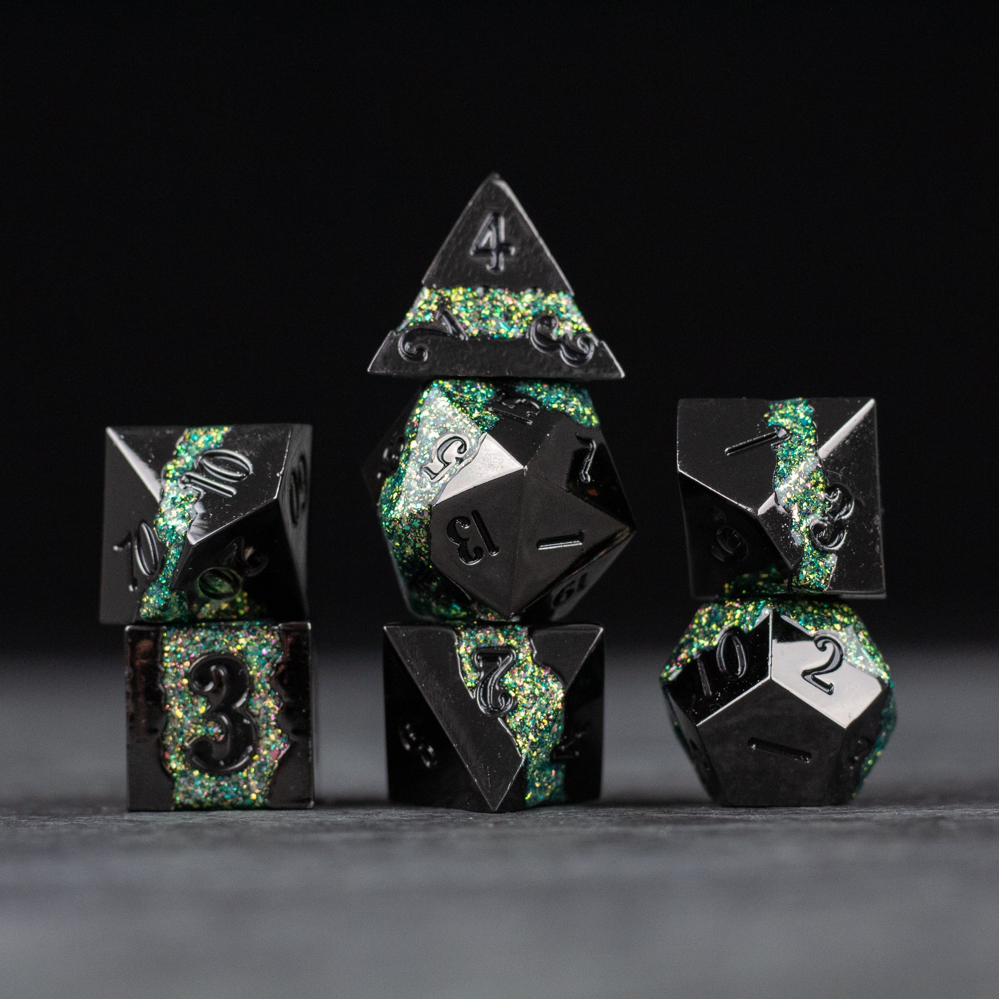 Light Green Rift Dice Set - Set of black metal polyhedral dice with glowing green rift-like veins, ideal for tabletop games.
