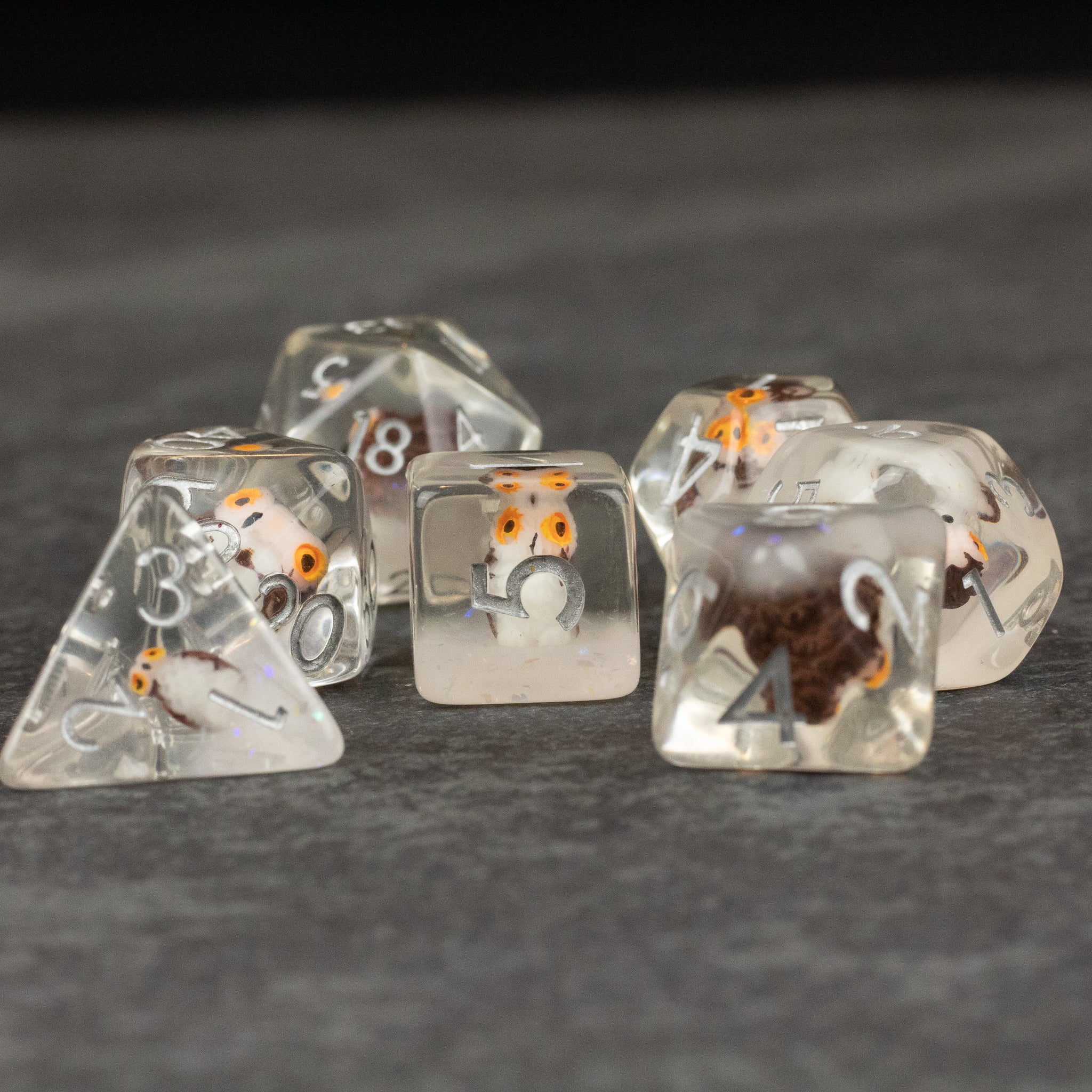 Owl Dice Set - Clear polyhedral dice set with small orange and black owl figures inside, white numbers.