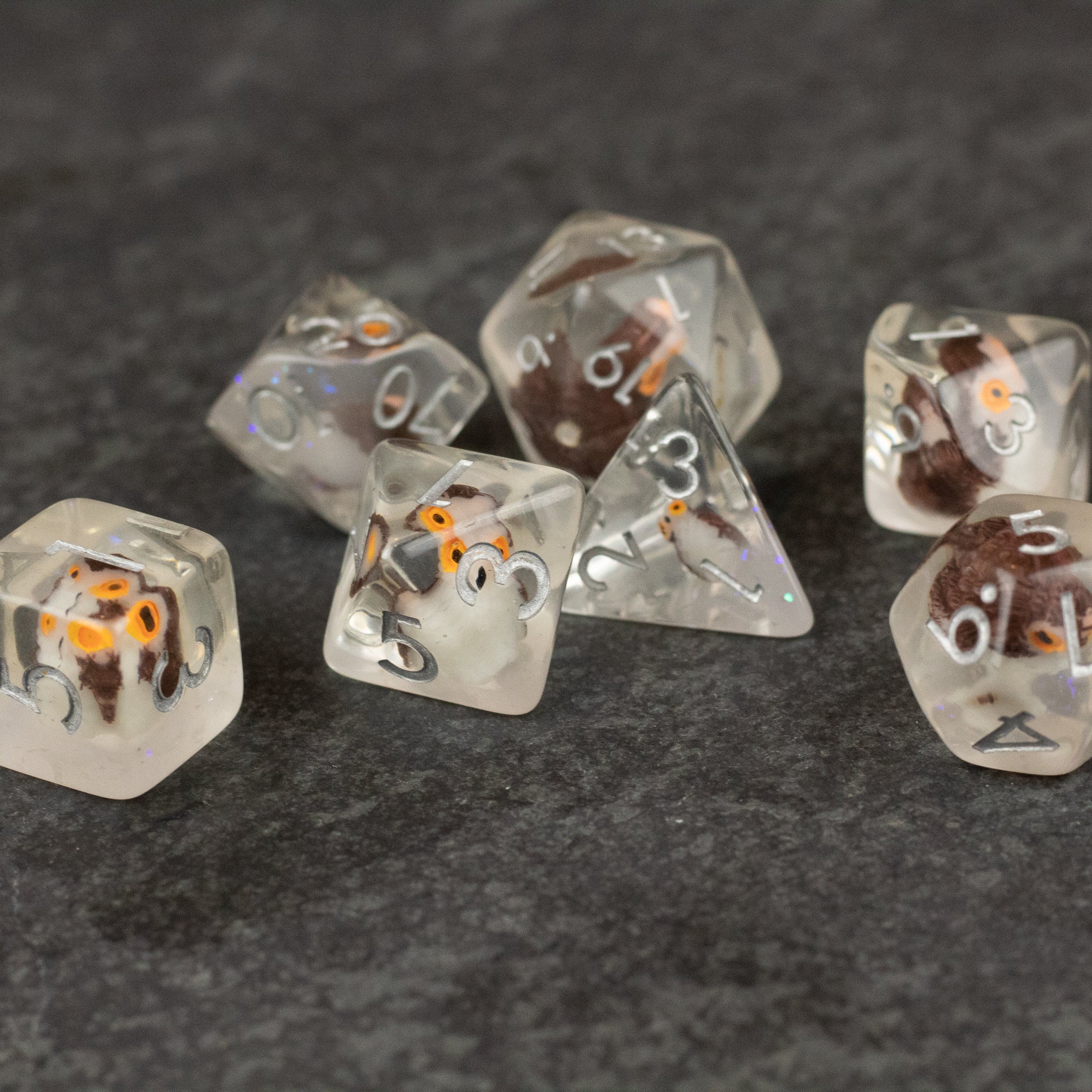 Owl Dice Set - Clear polyhedral dice set with embedded miniature orange and black owls, including D20, D12, D10, D8, D6, and D4 shapes.