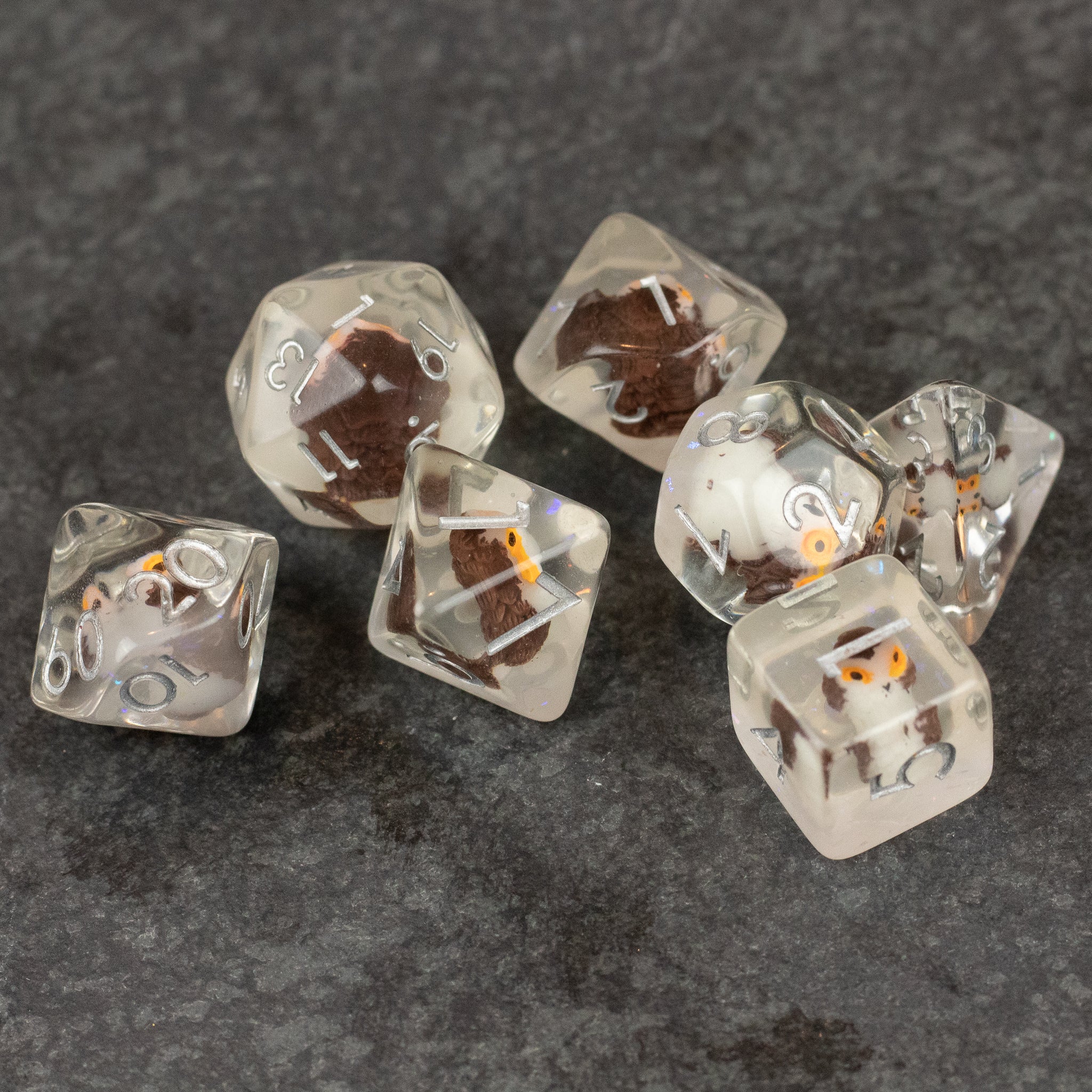 Owl Dice Set - Clear polyhedral dice with embedded miniature owl figures and gold numbering on a dark textured surface.