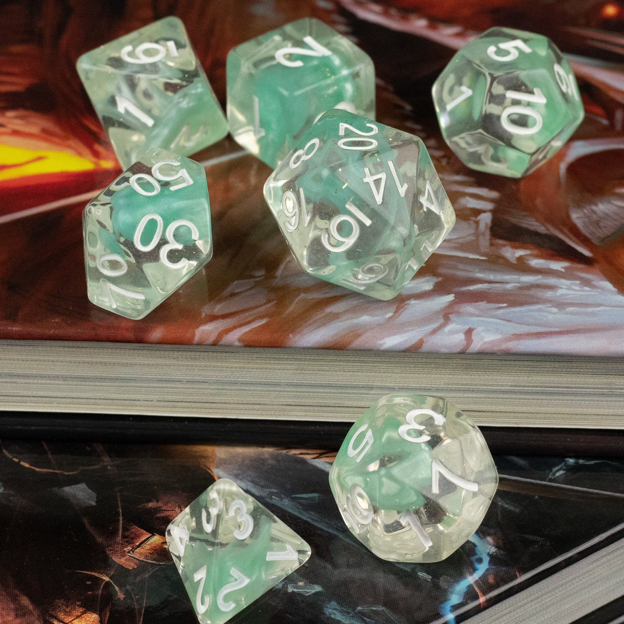 Cyan Lava Lamp Dice Set - Cyan lava lamp inspired translucent polyhedral dice set with white numbers.