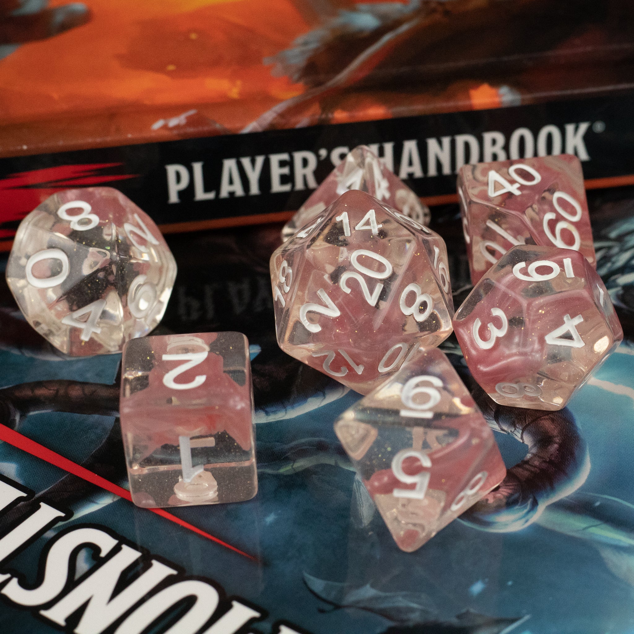 Pink Lava Lamp Dice Set - Set of seven transparent pink lava lamp-inspired dice with white numbers, including d4, d6, d8, d10, d12, and d20 shapes,.