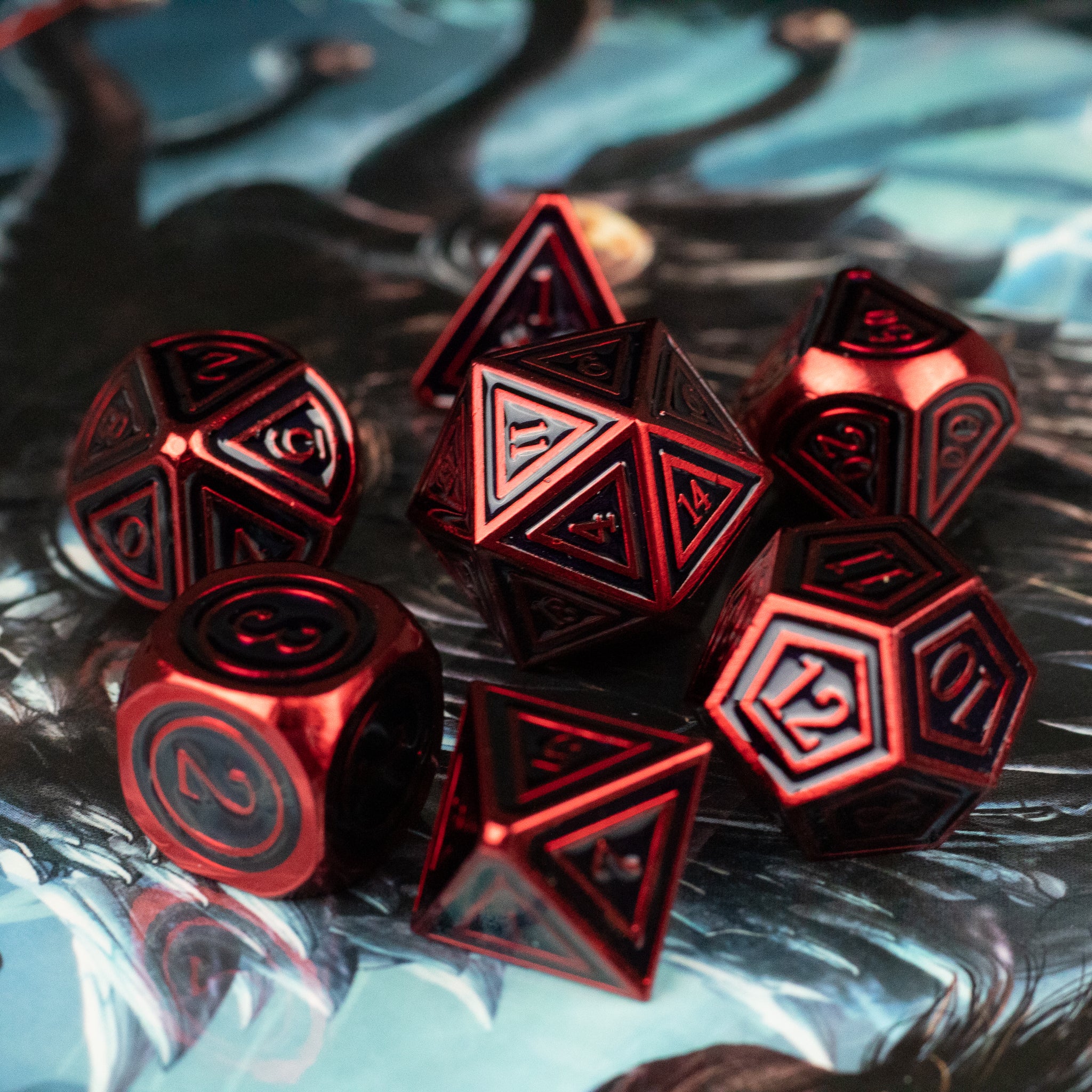 Crimson Ritual Dice Set - Seven red metal polyhedral dice with black etched numbers on a reflective surface.
