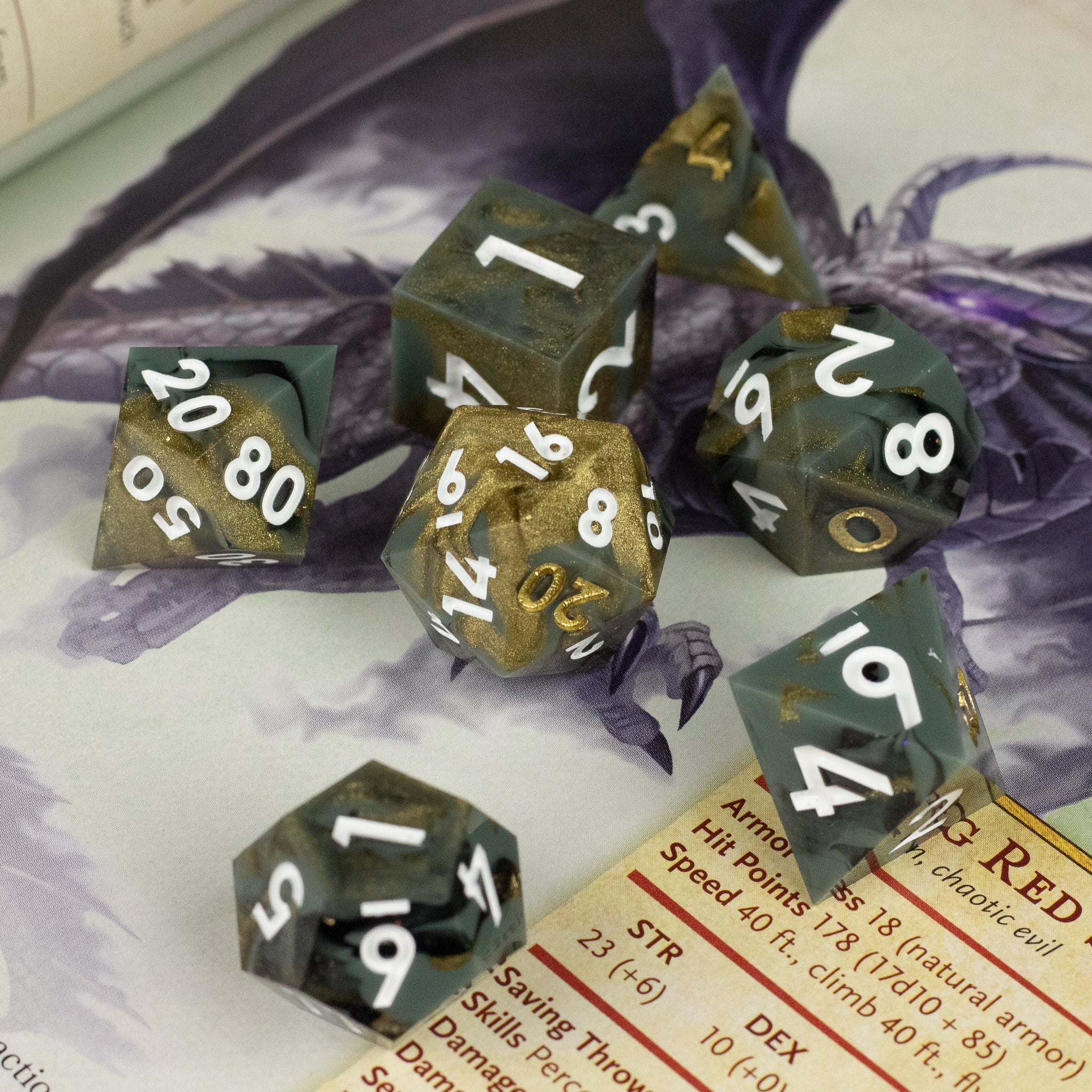 Greedfall Dice Set - Set of eight translucent green polyhedral dice with sharp edges and white numbering, used for tabletop gaming.