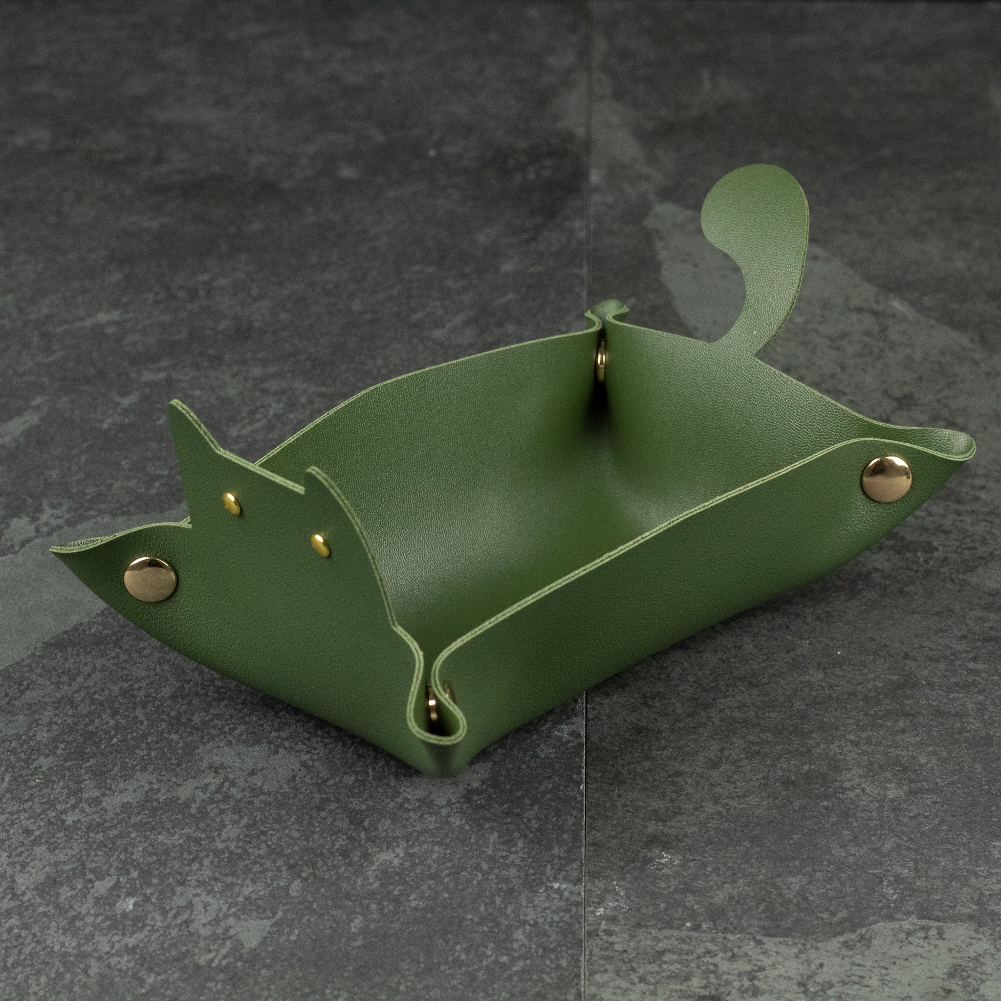 Cat Shaped Dice Tray - Green leather dice tray shaped like a cat with pointed ears and curled tail, secured by gold snaps.