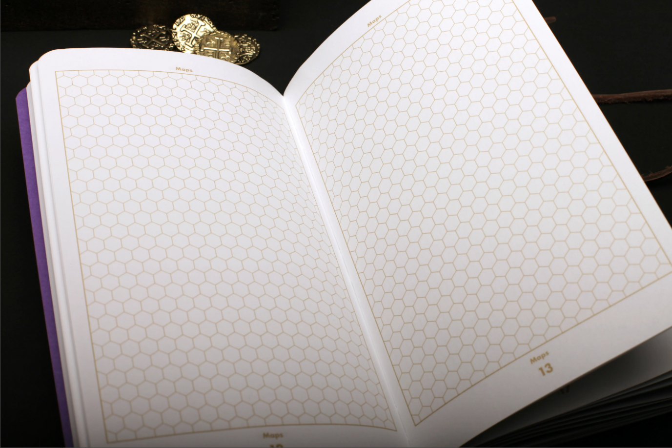 5E Game Master Journals - Open 5E Game Master Journal showing hexagonal grid pages with purple borders and gold numbering.