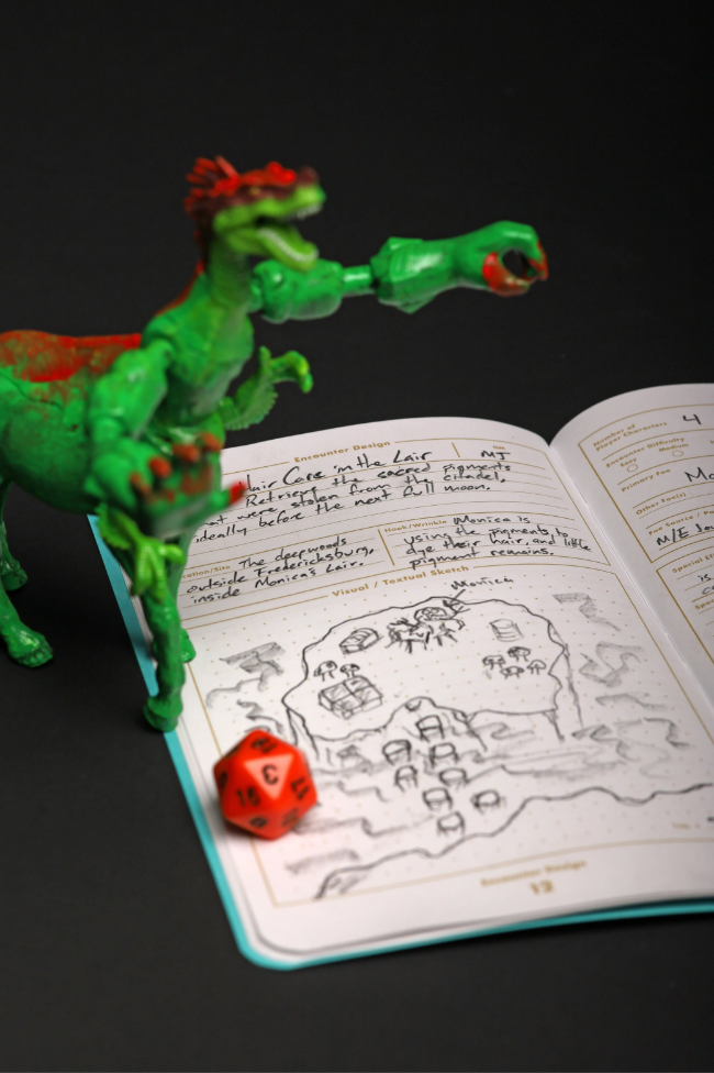 5E Monster/ Encounter Journals - Open DnD monster encounter journal with hand-drawn map and orange 12-sided die on black background next to green dragon.