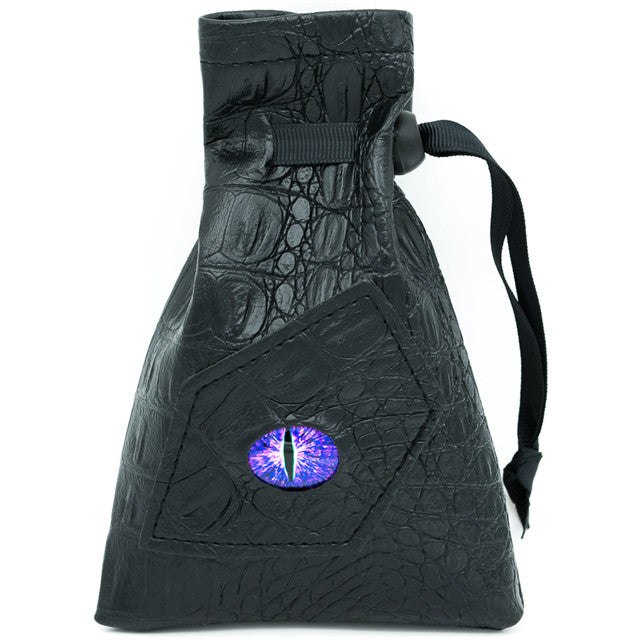 Mimic Dice Bag - Black textured dice bag shaped like a mimic chest with a single purple reptilian eye detail and a black strap.