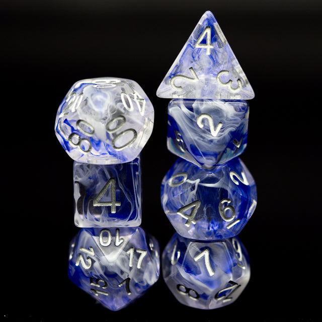 Blue Smoke Dice Set - Blue translucent poker dice set with swirling smoke details and white numbers on black background.