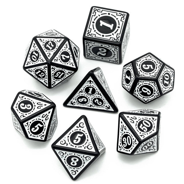 White Runes Acrylic Dice Set - White acrylic seven-piece dice set with black engraved runic numbers and symbols.