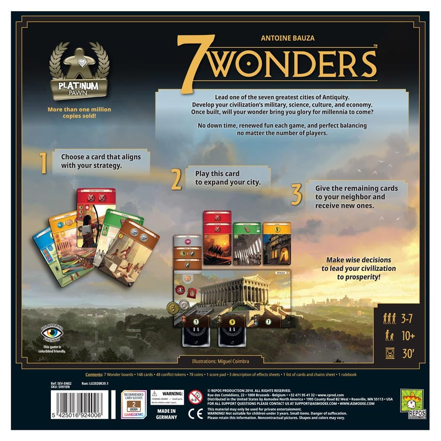 7 Wonders New Edition - 7 Wonders New Edition board game back cover showing game instructions and card illustrations.