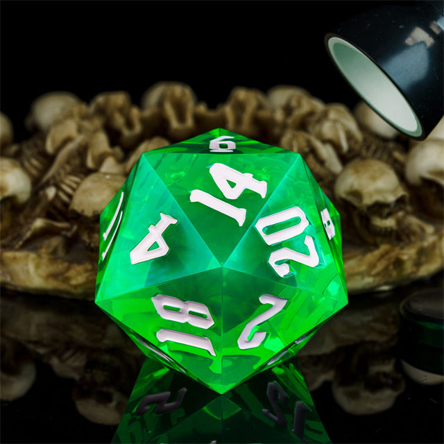 Giant 55mm D20 - Green - Translucent green 55mm acrylic 20-sided die with white numbers on reflective surface.