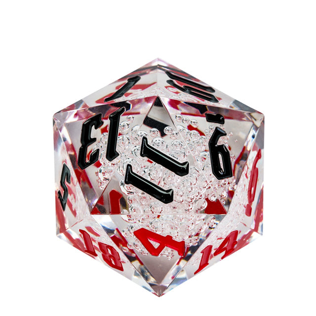 Giant 55mm D20 - Black & Red Bubbles - Giant 55mm 20-sided acrylic dice with black numbers and red bubble accents inside.
