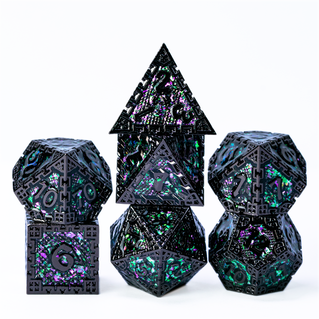 Pink Cathedral Glass Metal Dice Set - Black metal dice set with iridescent purple and teal numbers, featuring various polyhedral shapes including a pyramid and.