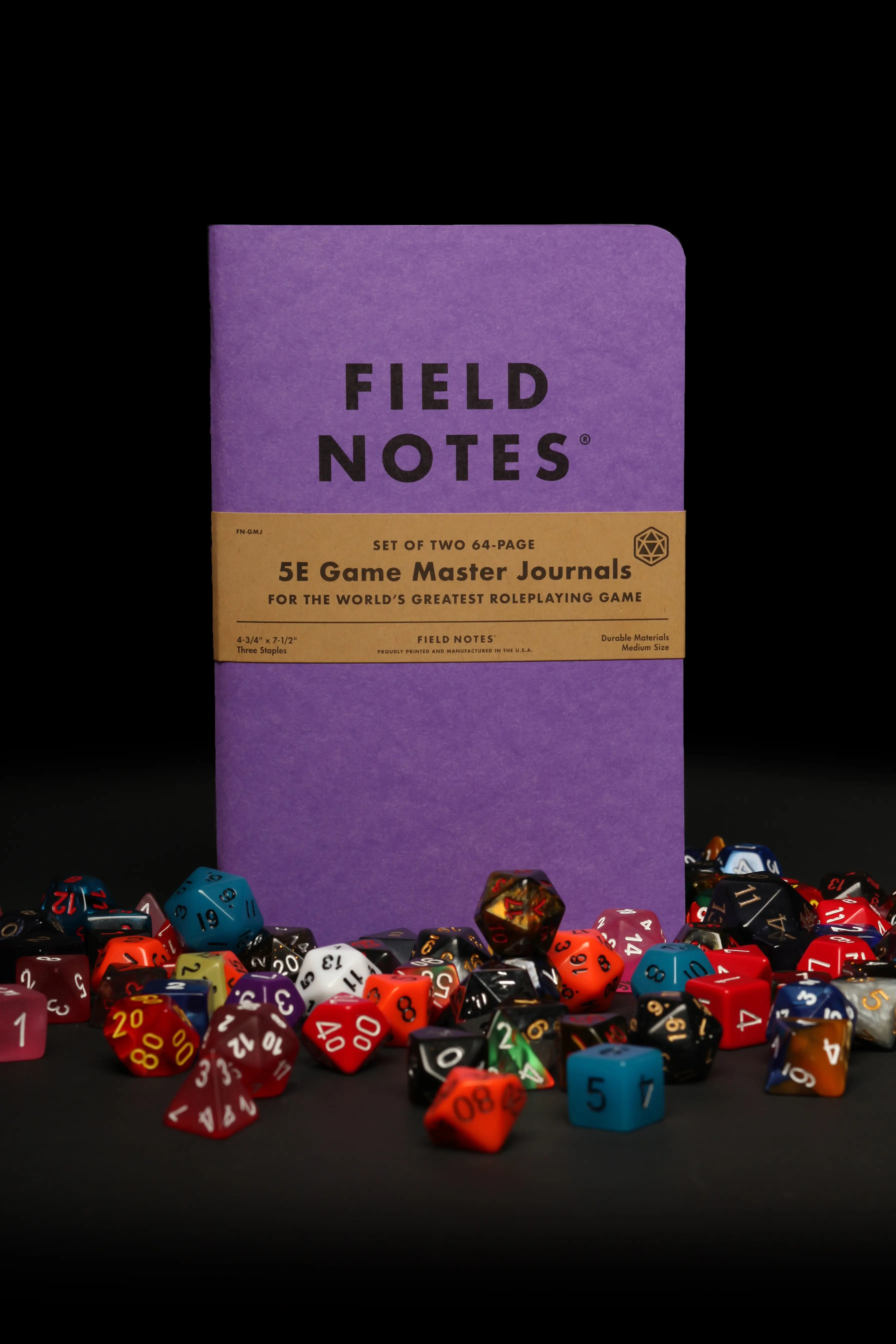 5E Game Master Journals - Purple softcover notebook with black "Field Notes" text, surrounded by colorful polyhedral dice.