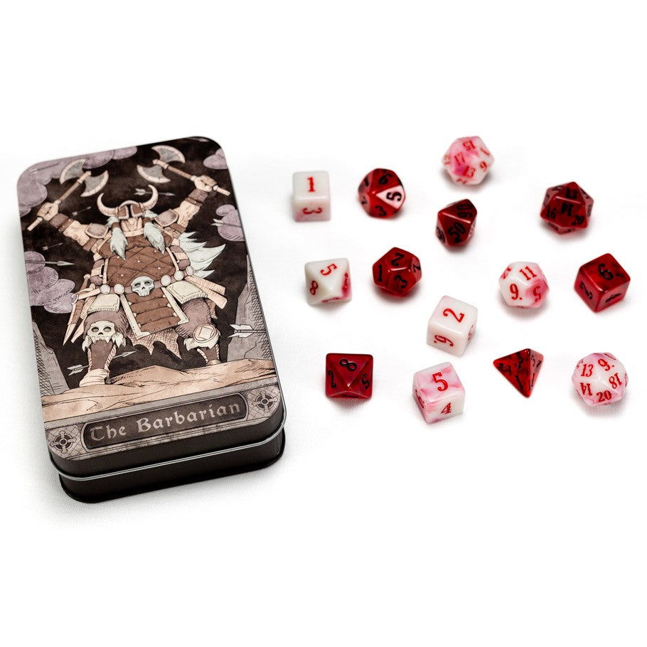 RPG Class Dice Set: Barbarian - Set of red and white RPG dice with mix of solid and translucent finishes beside a tin case featuring Barbarian warrior art.