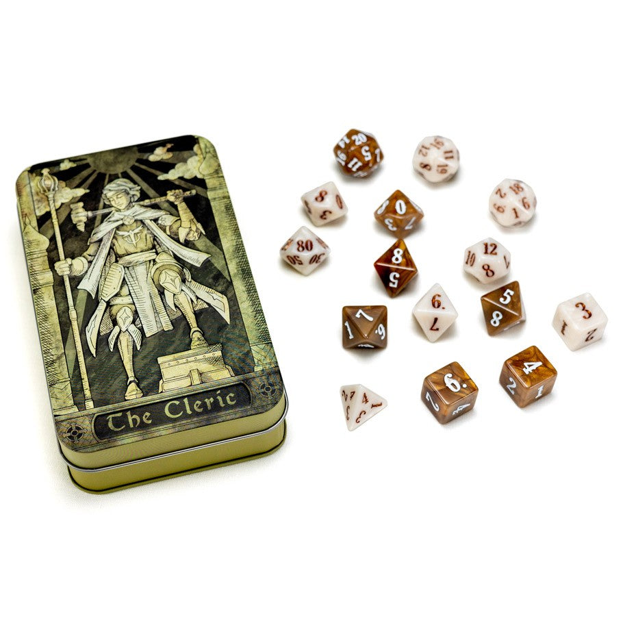 RPG Class Dice Set: Cleric - Cleric-themed RPG dice set with brown and white polyhedral dice and decorative metal tin box.