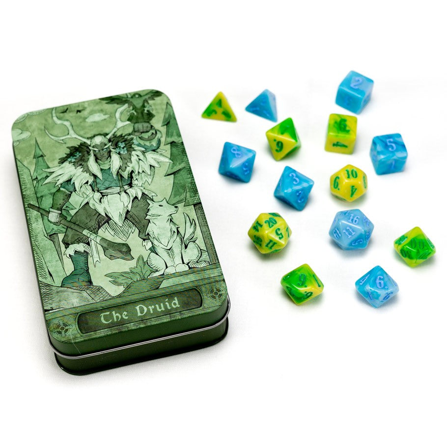 RPG Class Dice Set: Druid - Green and blue RPG dice set with hexagonal, d20, d12, d10, d8, d6, and d4 shapes beside a metal tin featuring a leafy druid.