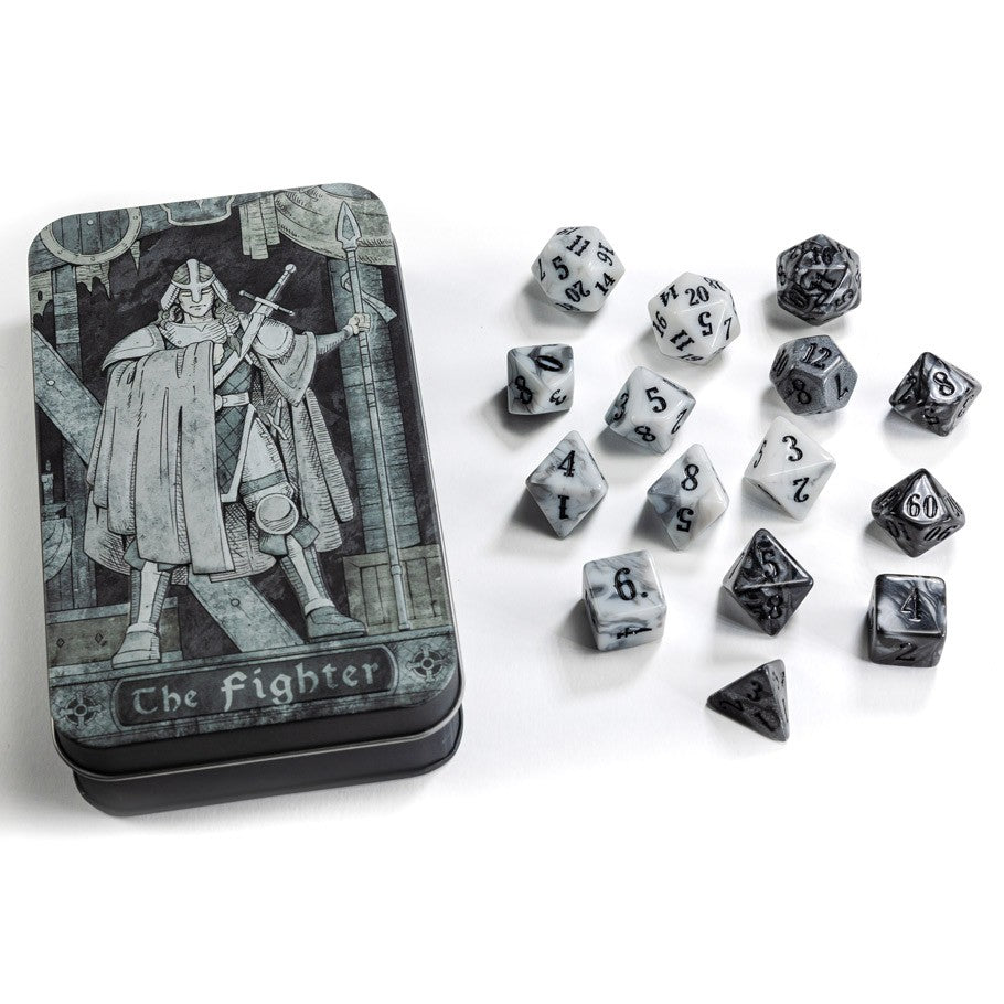 RPG Class Dice Set: Fighter - Metal tin with engraved Fighter illustration alongside white and black polyhedral dice set with black and white numbering.
