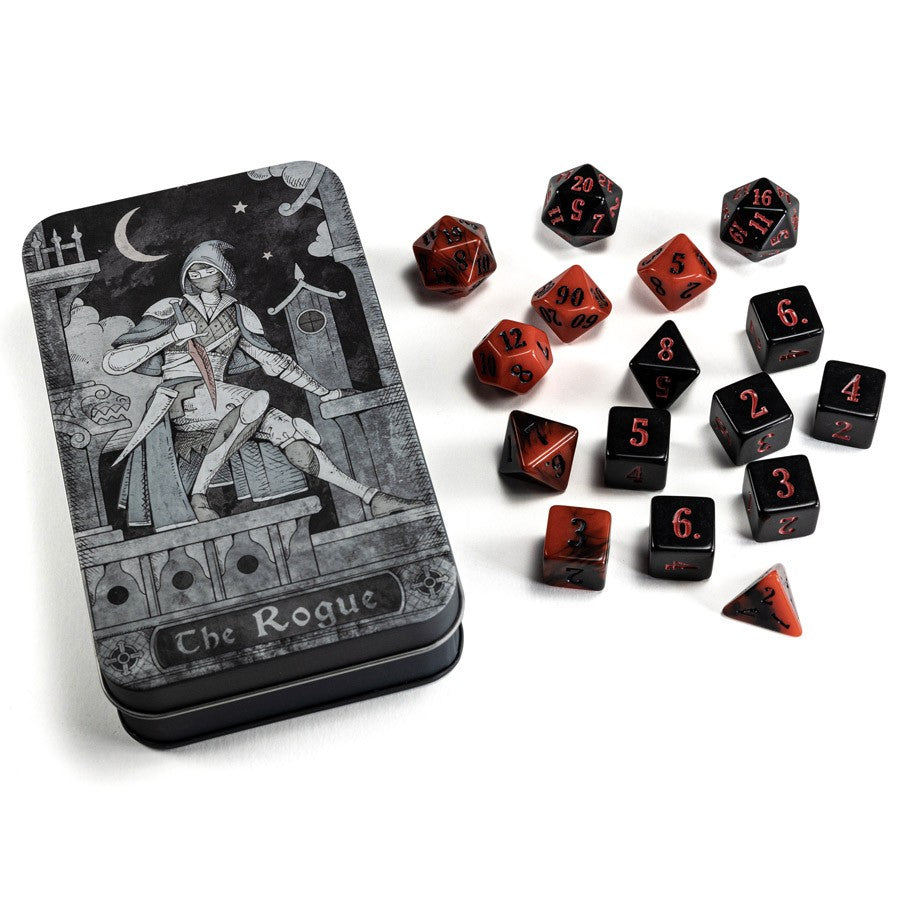 RPG Class Dice Set: Rogue - Black and red RPG dice set with 12-sided, 10-sided, 8-sided, 6-sided, and 4-sided dice in a black tin featuring a grayscale.