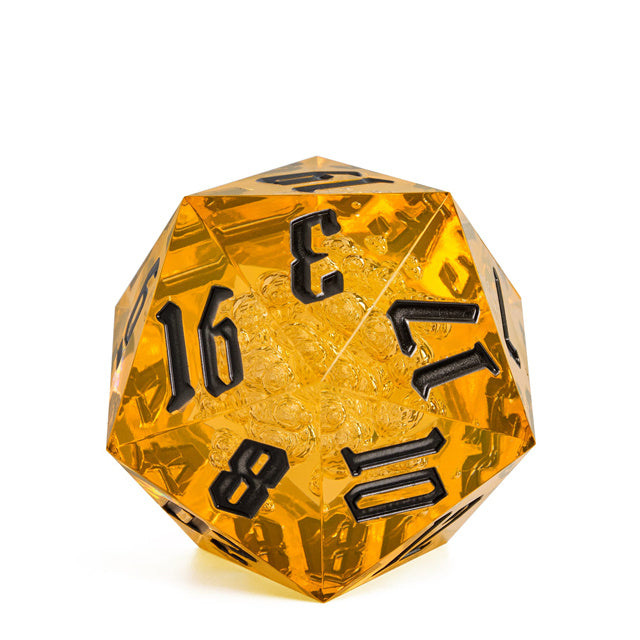 Giant 55mm D20 - Yellow Bubbles - Giant translucent yellow acrylic D20 dice with black numbers and bubble inclusions.