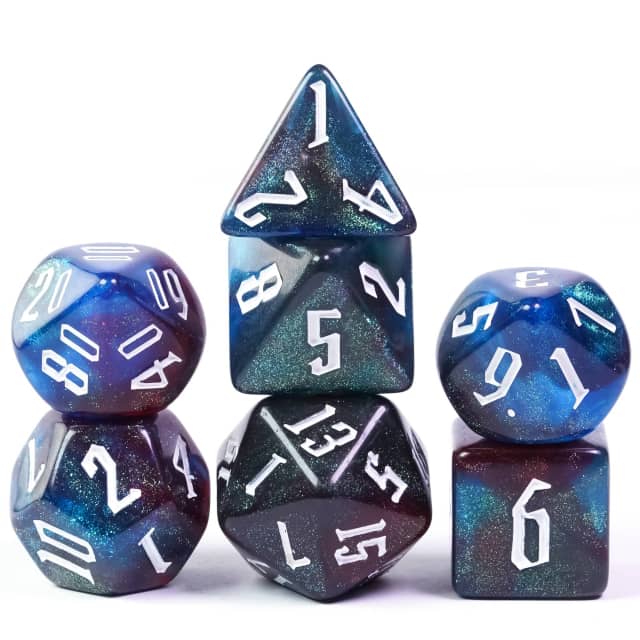 Dark Rainbow Glitter Dice Set - Dark iridescent dice set with white numbering, including d20, d12, d10, d8, d6, and d4 shapes.