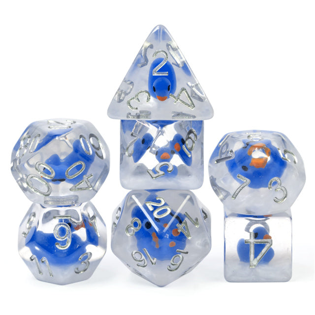 Blue Duck Dice Set - Blue translucent six-dice set with silver numbers and embedded blue and orange duck figures.