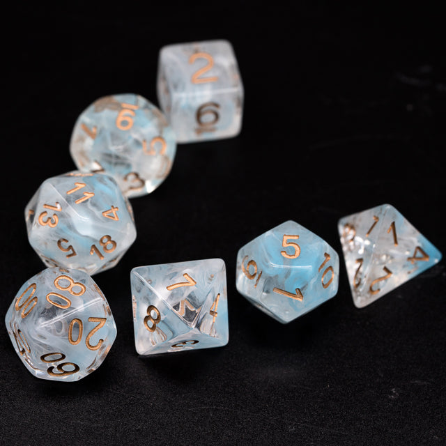 Cyan Smoke Dice Set - Translucent cyan smoke polyhedral dice set with copper numbers on black background.
