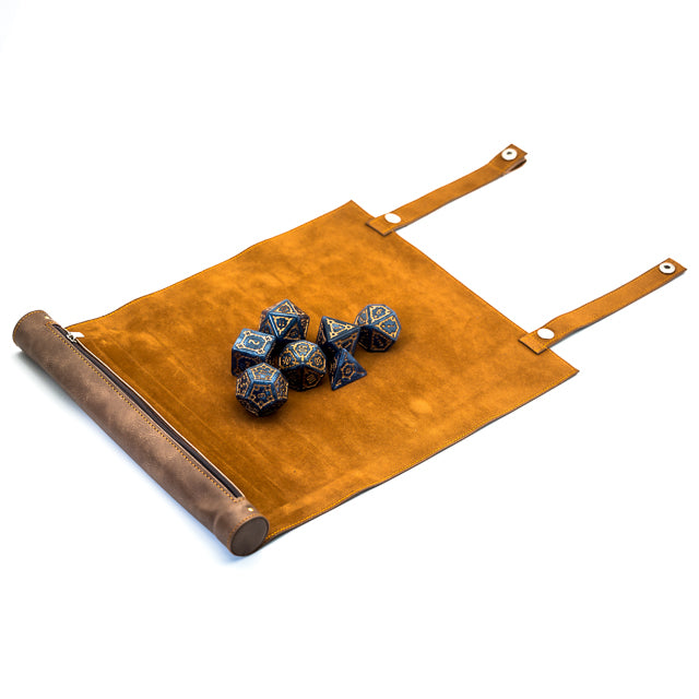 Scroll Dice Mat - Unrolled brown suede scroll dice mat with leather straps and six blue polyhedral dice.