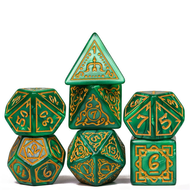 Green Ranger Acrylic Dice Set - Green translucent acrylic dice set with gold numbering and intricate filigree designs.