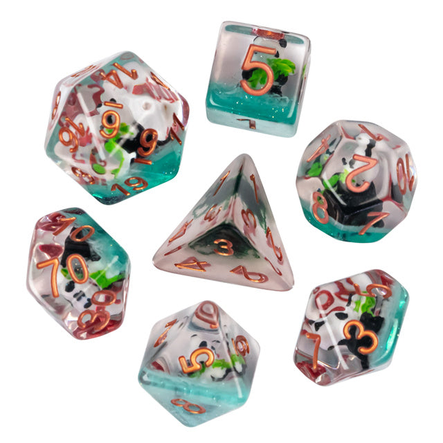 Panda & Bamboo Dice Set - Seven translucent polyhedral dice with swirling white, black, and green patterns and orange numbers, featuring a panda and.