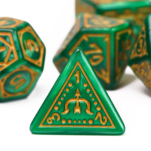 Green Ranger Acrylic Dice Set - Glossy green acrylic d20 dice with gold engraved numbers and symbols, triangular shape prominent.