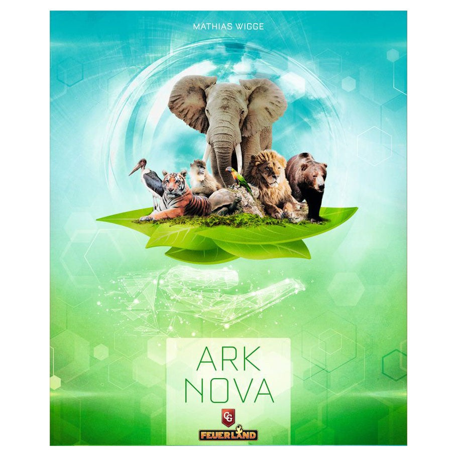 Ark Nova - Ark Nova board game cover with elephant, tiger, bear, and other animals on green leaf against blue-green background.