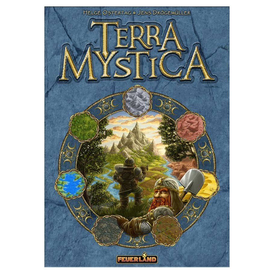 Terra Mystica - Terra Mystica board game box with fantasy landscape, characters, and elemental symbols on blue background.