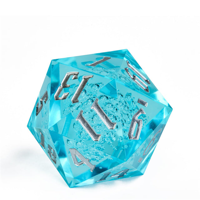 Giant 55mm D20 - Blue Bubbles - Giant translucent blue 55mm acrylic D20 dice with silver numbers and bubble inclusions.
