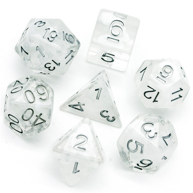 White Swirl Dice Set - Set of seven white translucent polyhedral dice with black numbers and swirl patterns.