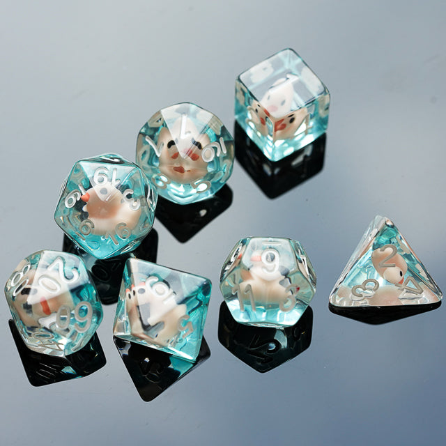 White Duck Dice Set - Set of seven white dice featuring small duck figures inside clear polyhedral shapes with black numbers.